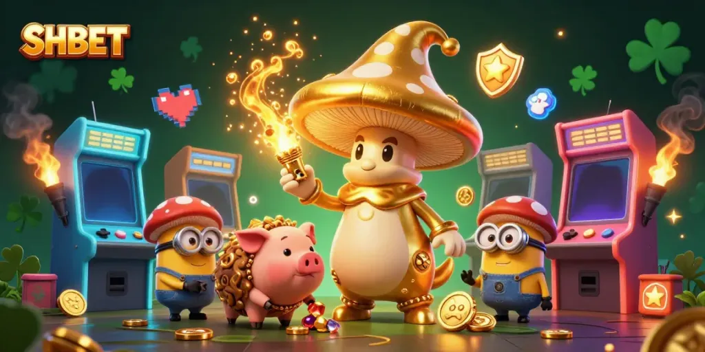 SHBET's magical casino world featuring a golden wizard, treasure, and arcade game excitement.