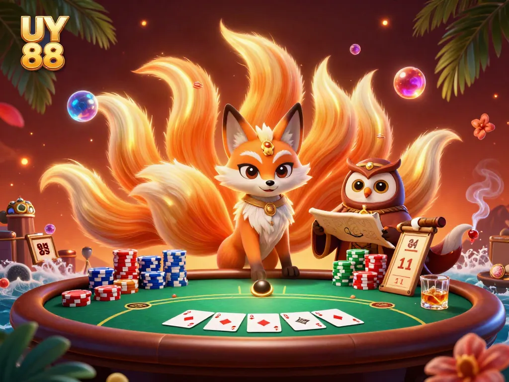 Play at UY 88 with a vibrant scene of a nine-tailed fox and poker elements.