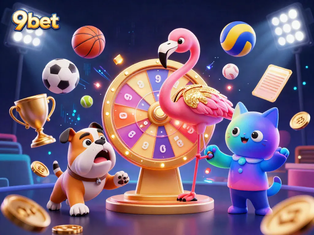 Experience thrilling gameplay with 9bet's lively illustration featuring exciting casino elements and vibrant characters.