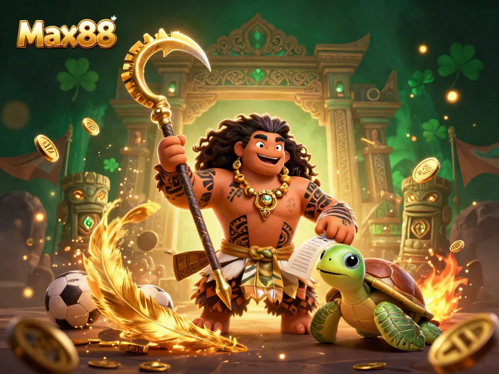 Max88-themed Polynesian-style illustration showcasing dynamic sports betting elements with vibrant characters.