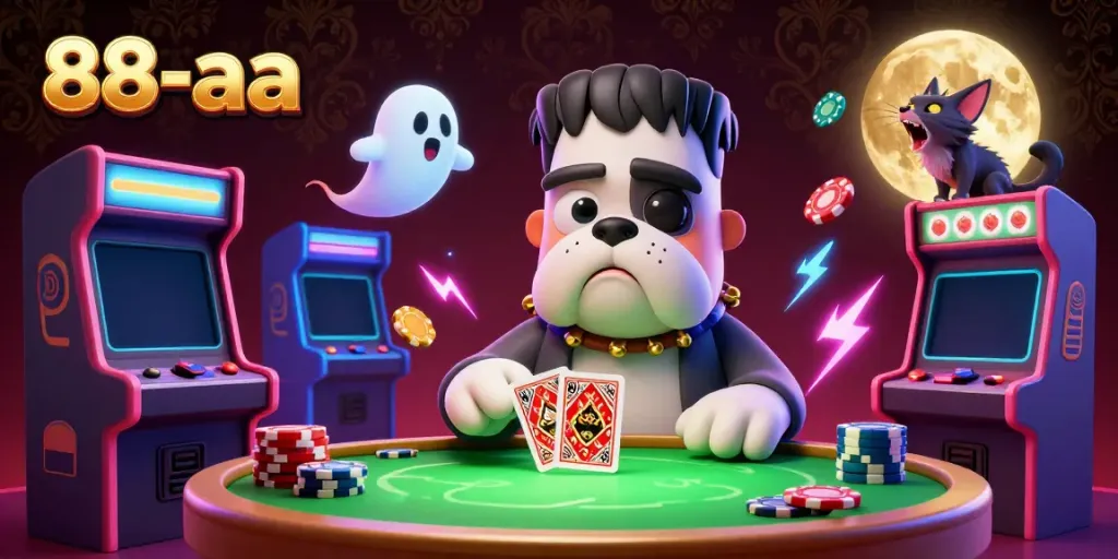 Immerse in 88-aa's thrilling card game with a bulldog dealer and spooky ambiance, featuring vibrant casino elements.