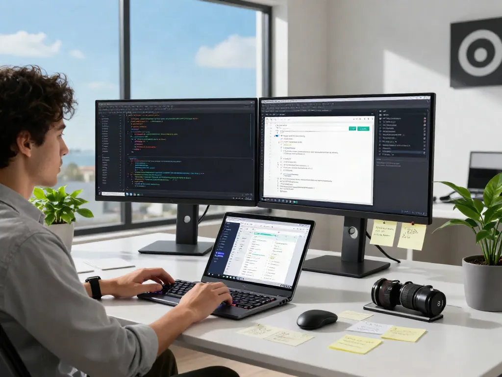 Developer coding in a modern workspace with innovative tech setup, showcasing pecah404.