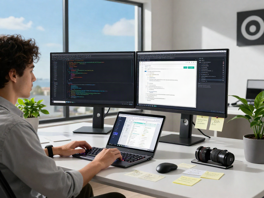 Developer coding in a modern workspace with innovative tech setup, showcasing pecah404.