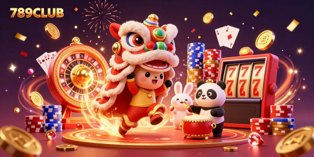 Experience the thrill of winning at 789CLUB with the festive spirit of gaming, showcasing exciting characters and casino elements.