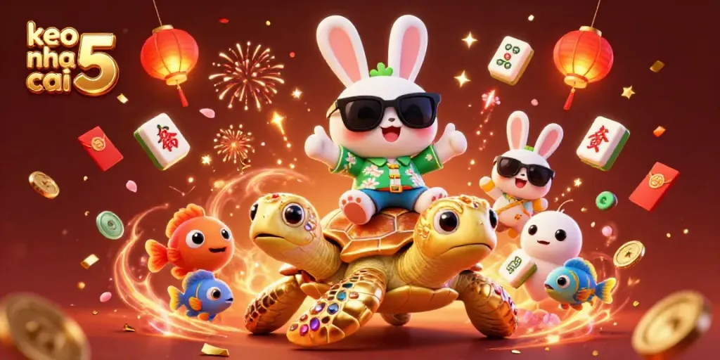 Engage with keo nha cai 5 in an enchanting 3D scene featuring a lucky rabbit and a golden turtle, set amidst rich casino elements.