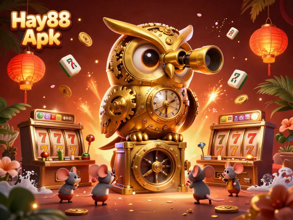 Experience the thrilling Hay88 Apk with golden owl and brass machines in a lush casino scene.
