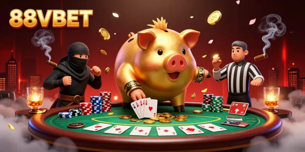 Engage with the vibrant world of 88VBET, featuring a giant golden piggy bank sumo wrestler, a wallet-ninja, and intense poker action.