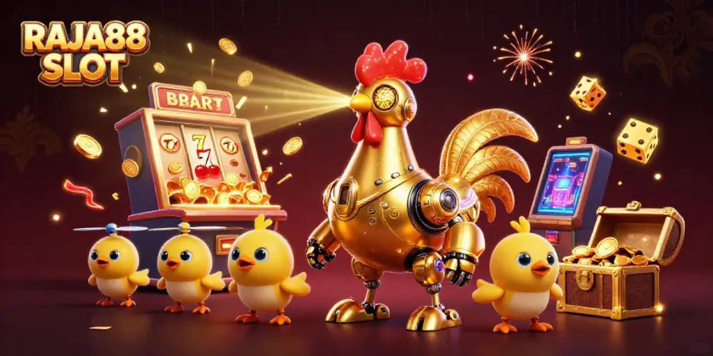Engage with RAJA88 SLOT's vibrant gaming world featuring a golden rooster robot and dynamic slot elements.