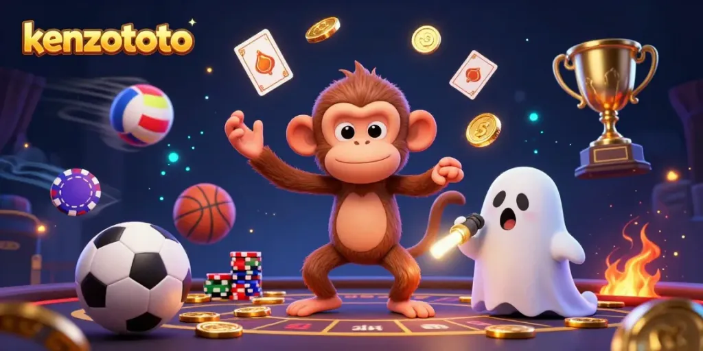 Experience the thrilling world of kenzototo shrouded in excitement, showcasing a ghost-hunter puppy tracking a playful poltergeist monkey in a haunted casino.
