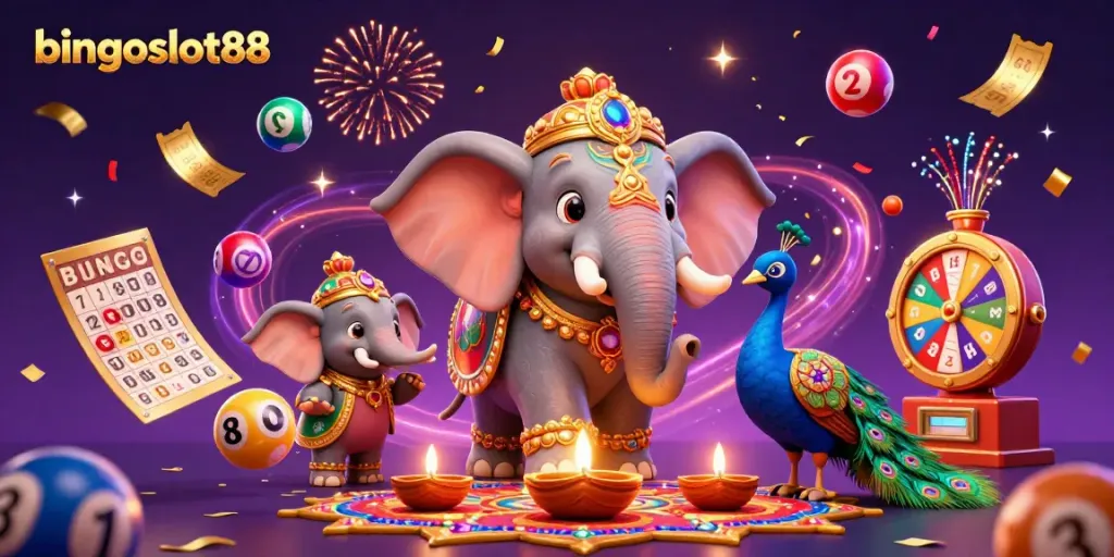 Permainan bingo seru di bingoslot88 dengan karakter gajah dan burung merak yang berwarna-warni.