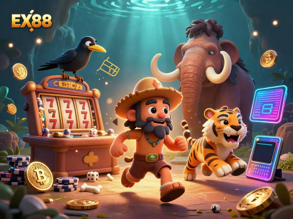Engage in thrilling gaming at EX88 with a vibrant and dynamic illustration showcasing a lively prehistoric casino.