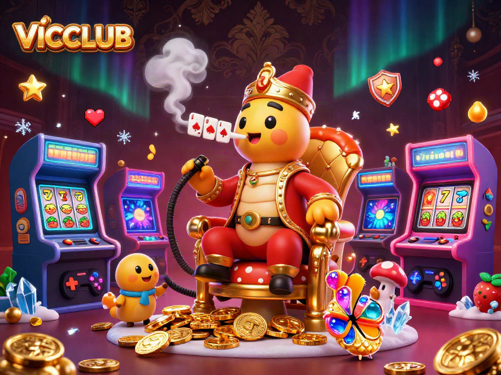 Experience VICCLUB's vibrant casino with thrilling slot reels and a caterpillar hookah-master.