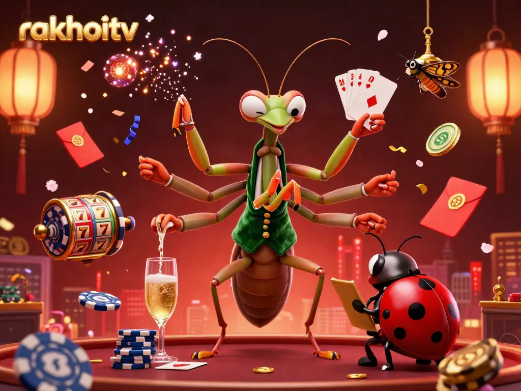 Experience high-paced action with rakhoitv's live gambling scene featuring a giant mantis and ladybug.