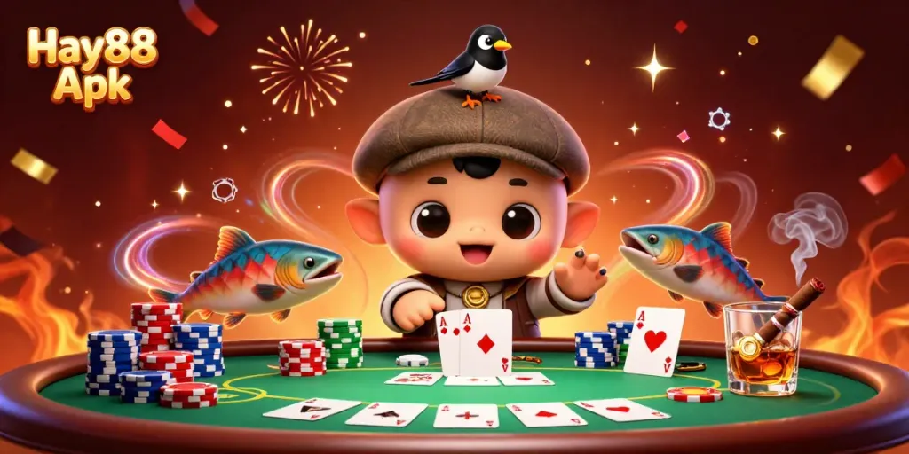 Experience the excitement of Hay88 Apk with a playful scene full of poker action.