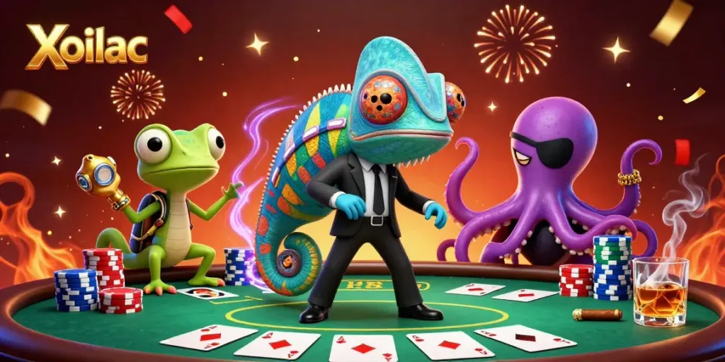 Xoilac casino scene featuring a chameleon, gecko, and octopus at a poker table.
