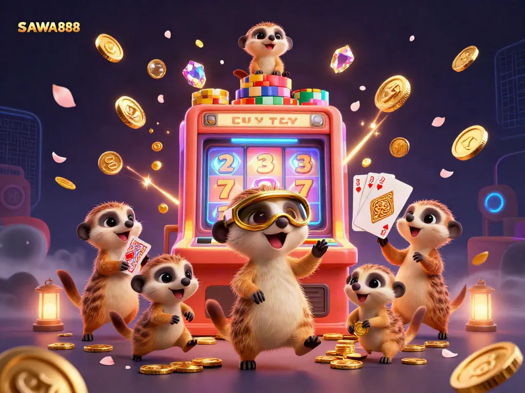Experience thrilling slots gameplay at SAWA888 with engaging cartoon meerkats in a vibrant casino.