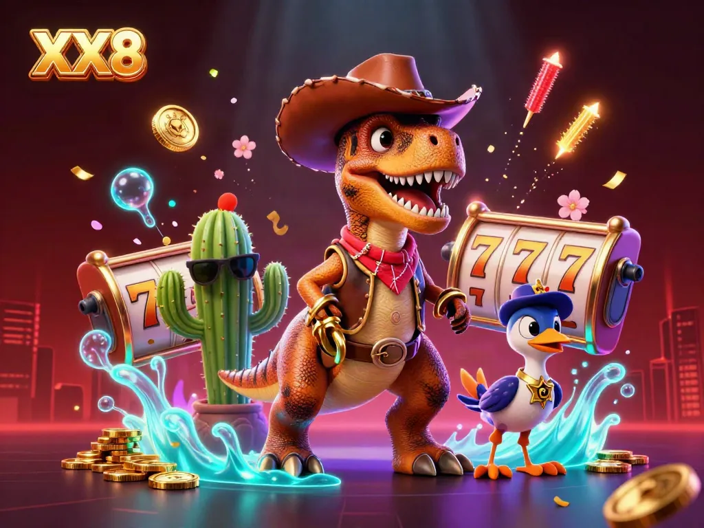 Engaging illustration of XX8 featuring a cartoon T-Rex dinosaur, slot reels, and festive elements to attract players.