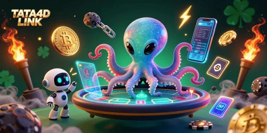 Play exciting poker with NFTs and crypto at TATA4D LINK in a colorful alien casino scene.