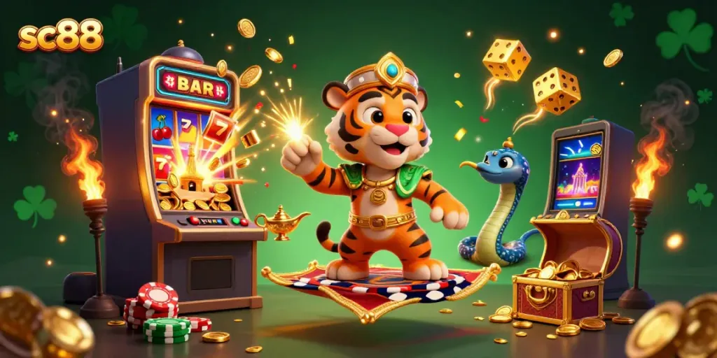 Experience the magic of sc88 with a vibrant scene of a tiger sultan on a flying carpet amidst a dazzling jackpot explosion.