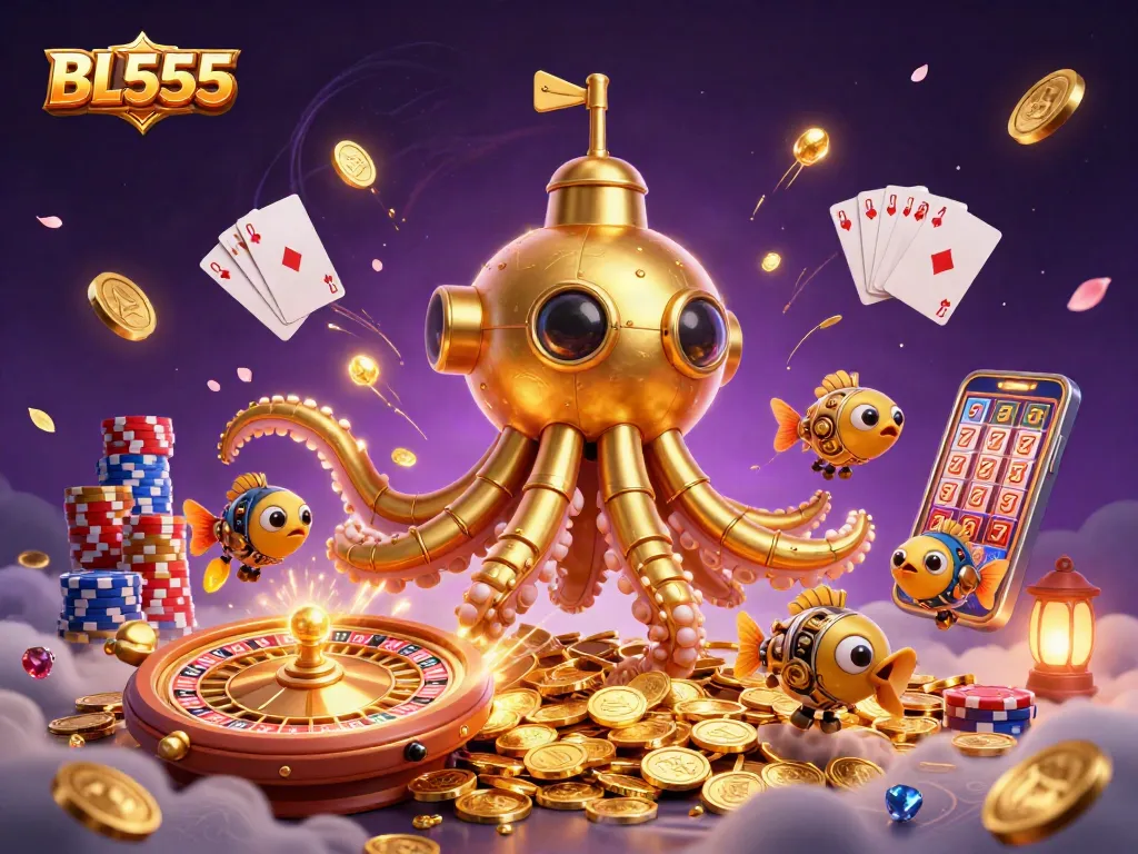 Experience thrilling gameplay at BL555 with an exciting 3D casino scene featuring golden coins and vibrant slot machines.