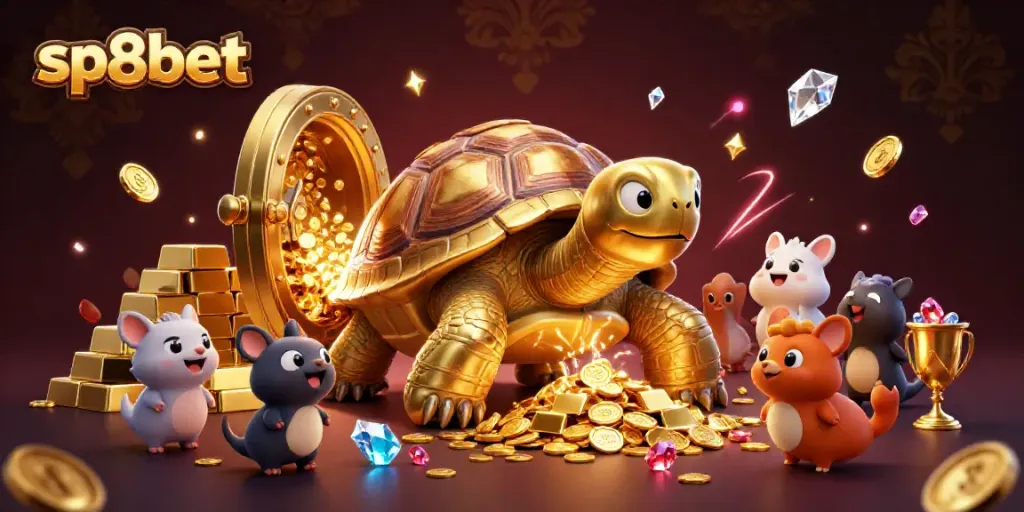 Experience thrilling gameplay with sp8bet's colossal golden tortoise pinball machine, surrounded by treasures.