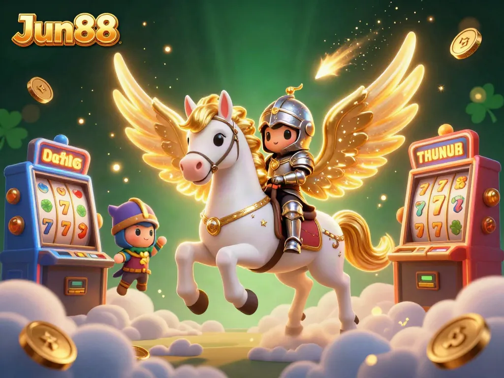 Experience the thrill of Jun88 with a celestial horse and armored knight in a vibrant, dynamic casino world.