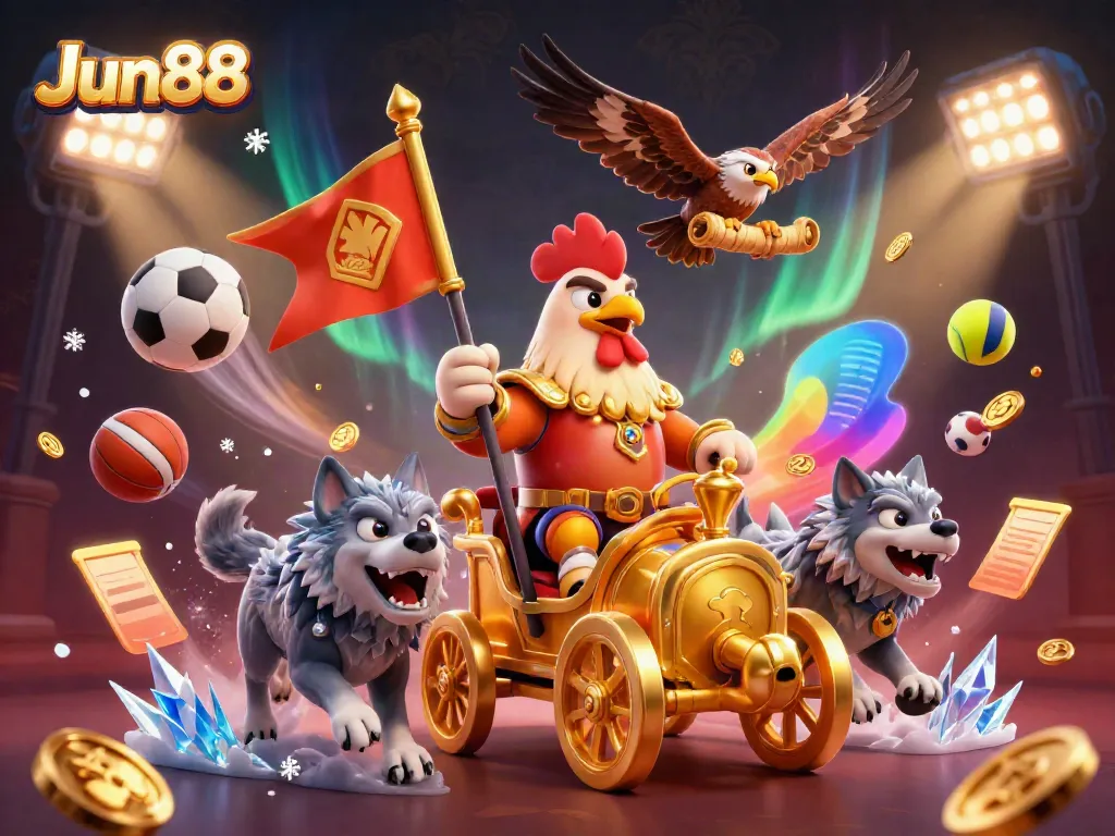 Engage in thrilling gameplay at Jun88 with a dynamic 3D scene of a rooster warlord, sports elements, and a vibrant casino atmosphere.
