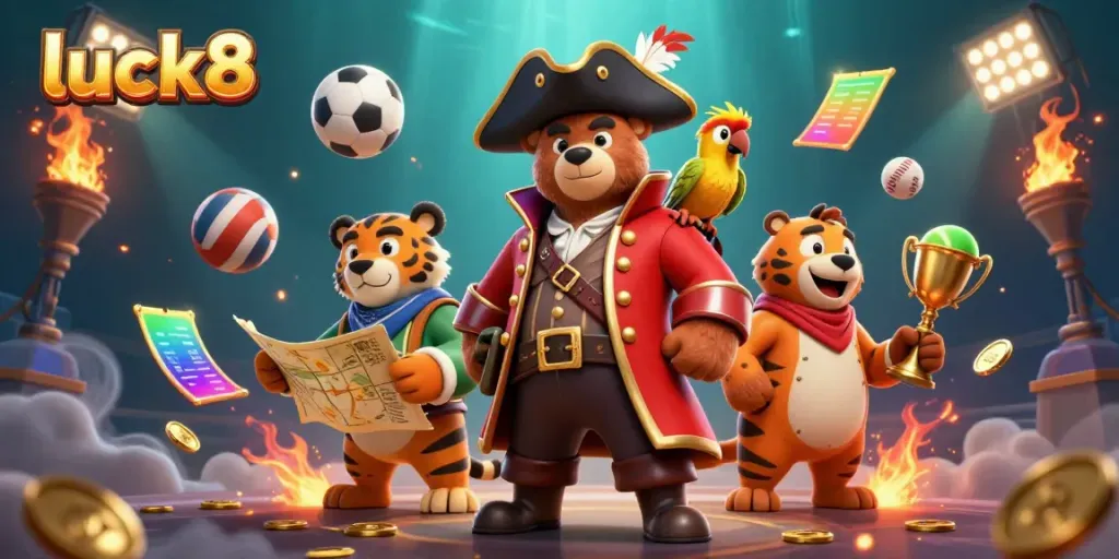 Engage in thrilling gameplay with luck8, featuring pirate and tiger characters amidst dynamic casino elements.