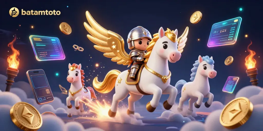 Experience thrilling batamtoto action with a celestial horse, knight, and crypto coins in this vibrant scene.