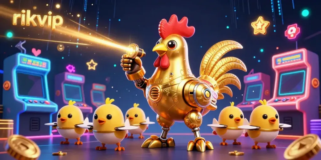 Engage in the vibrant and thrilling atmosphere of rikvip's online casino, featuring a golden rooster robot leading baby chick drones.