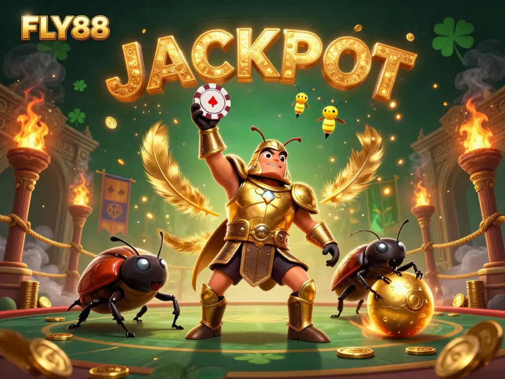FLY88 jackpot illustration featuring a hercules beetle in armor lifting a poker chip.