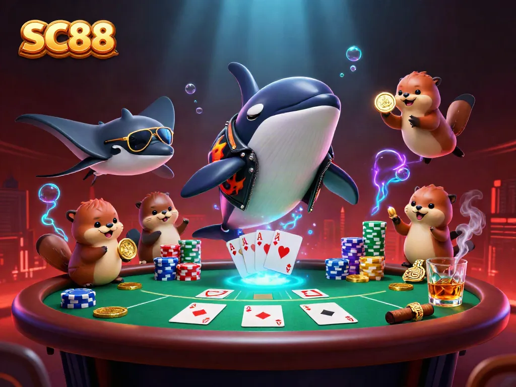 Những chú cá voi đại diện cho SC88 tại bàn poker, mang đến trải nghiệm cá cược hấp dẫn.