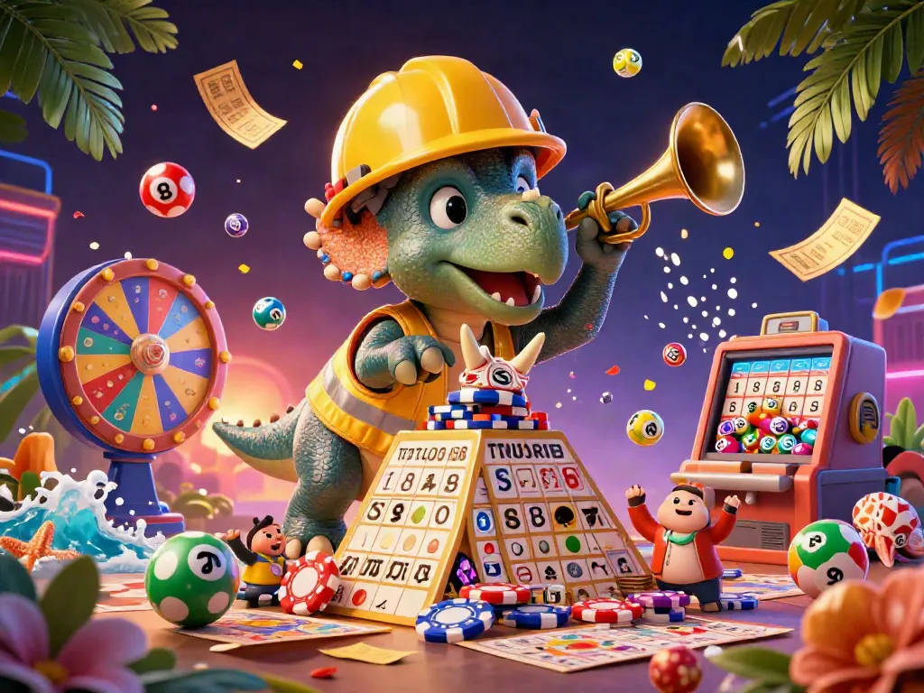 Engage with gk88 in this colorful 3D illustration featuring cheerful dinosaurs celebrating casino gaming.