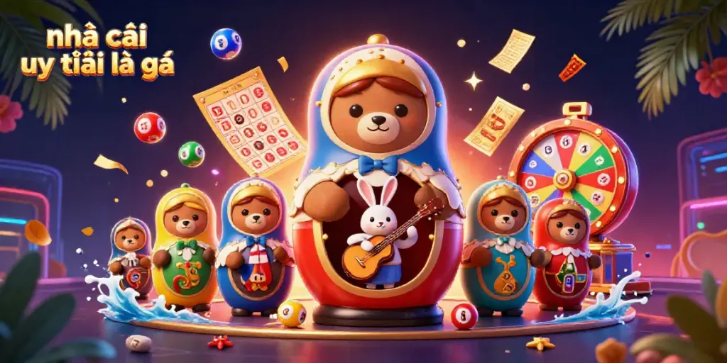Engage with nhà cái uy tín là gì through a vibrant 3D casino-themed illustration showcasing a lively scene with bears and games.