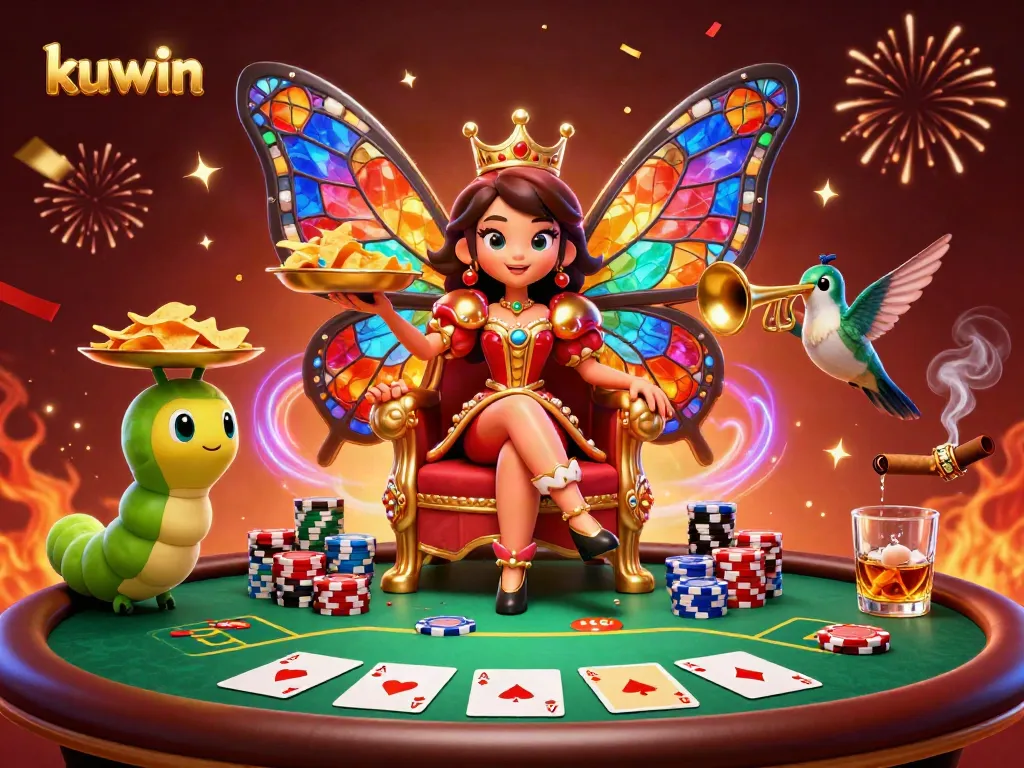 Kuwin highlights excitement with a vibrant scene of a butterfly queen managing a poker game.
