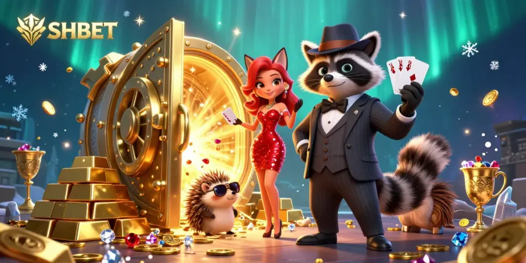 Experience winning at SHBET with a charming raccoon and fox in a vibrant casino setting filled with treasures.