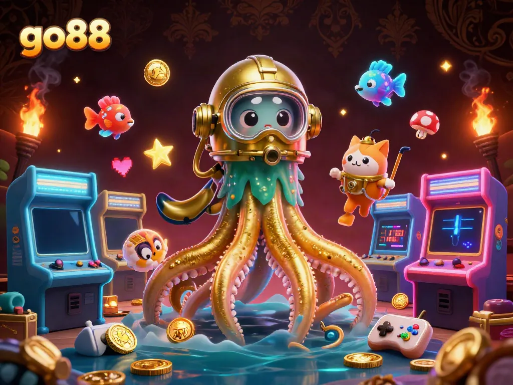 Engage with go88's gaming adventure featuring a golden tentacled kraken, vintage-diving cat, and lively arcade elements.