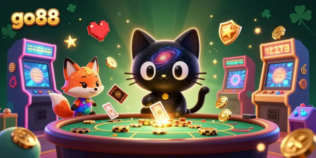 Engage with go88 and its cosmic casino experience featuring a black hole cat and nebula fox.