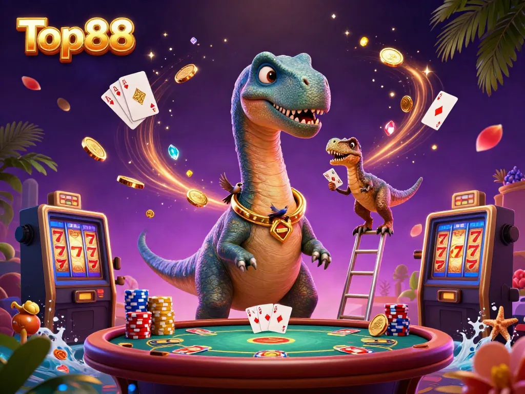 Experience excitement at Top88 with a giant brontosaurus and raptor dealer amidst dynamic casino action.