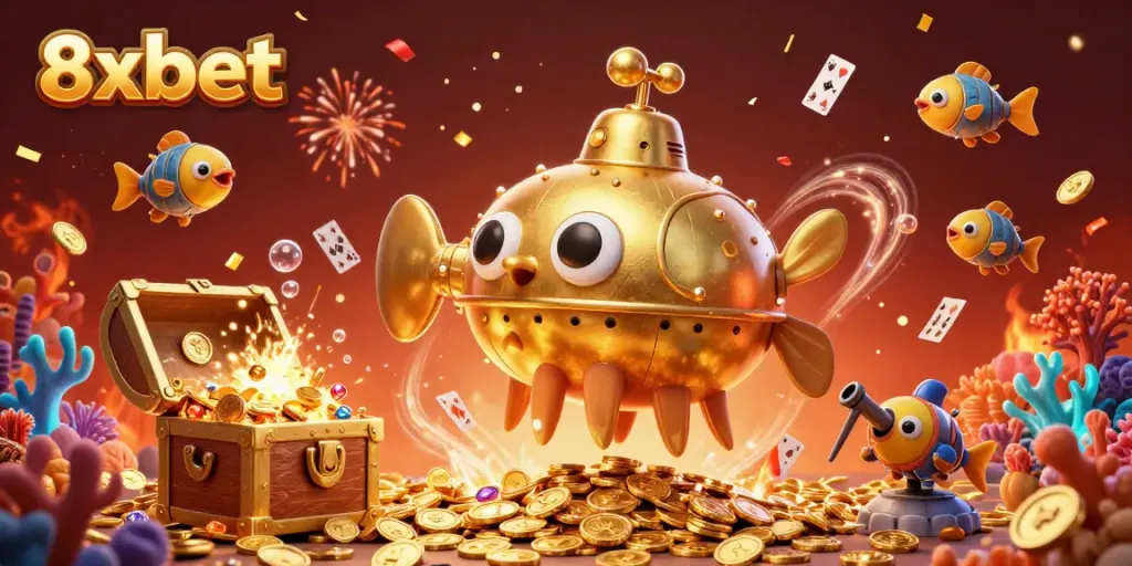 Immerse in 8xbet's dazzling ocean of gold, where a cartoon golden kraken submarine navigates a treasure-filled casino.
