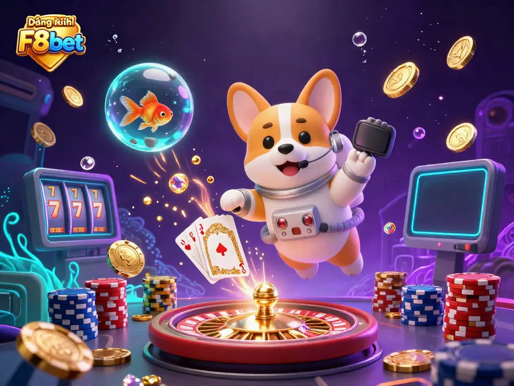 Experience the thrill of Đăng ký F8bet with vibrant symbols of gaming in space, featuring 3D animated elements.