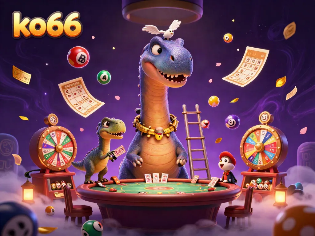 Experience thrilling gameplay with ko66, where a giant brontosaurus watches over a lively casino scene.