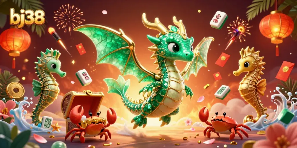 Bj38 highlights vibrant casino themes with an emerald sea dragon and golden gaming elements.
