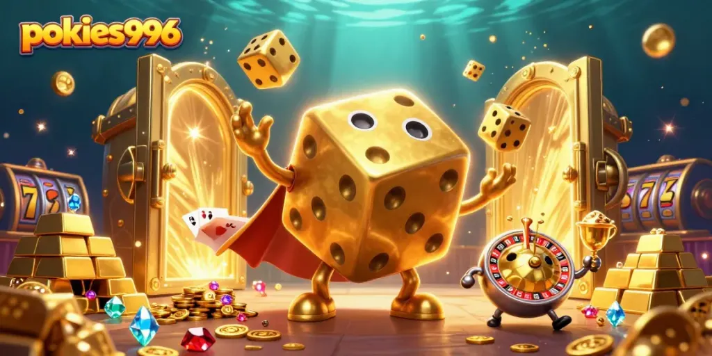 Engage with pokies996 through vibrant 3D visuals of slots, treasures, and casino action.