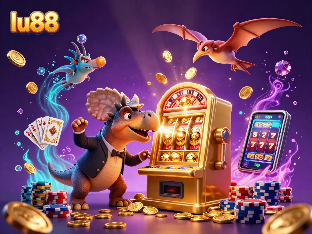 Experience a thrilling moment at lu88 as a pachycephalosaurus wins a jackpot while coins and gems explode around.