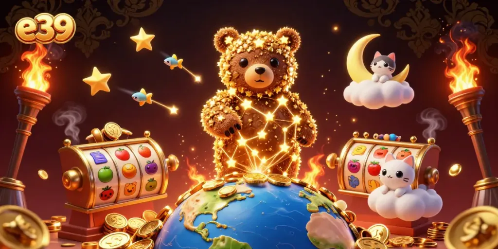 Experience the thrill of e39 slots with golden jackpots and vibrant symbols in a magical setting.