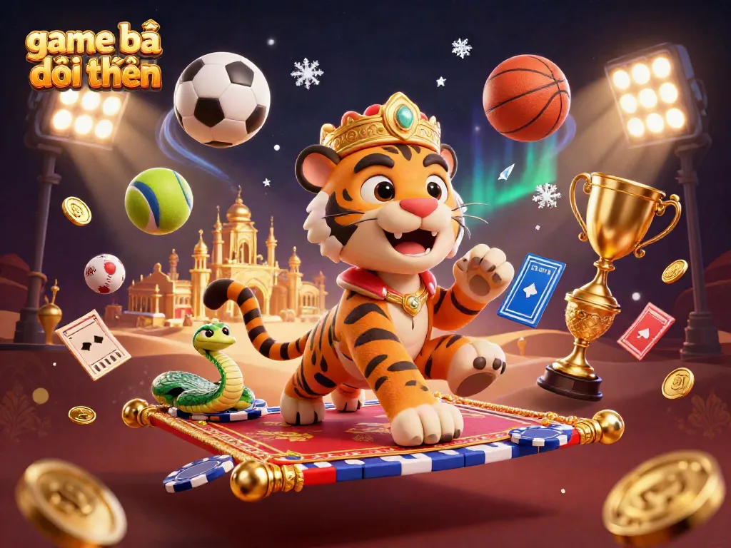 Experience the thrill of game bài đổi thưởng in an action-packed casino scene featuring a tiger sultan and dynamic sports elements.