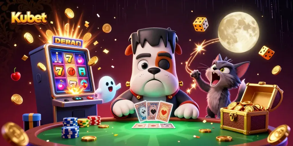 Kubet casino scene featuring a Frankenstein bulldog dealer with coins, jackpot symbols, and glowing elements.