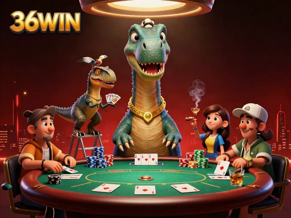 Experience the thrill of poker with 36WIN as a dinosaur looms above a dynamic table scene.