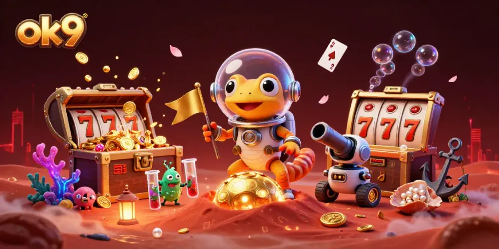 Play slots with ok9 by a cartoon Martian gecko exploring a golden casino on Mars.